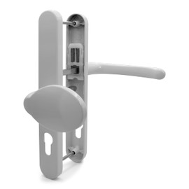 TSS White UPVC Door Handle Pair Set with Offset Lever and Pad, 92/62mm PZ Centres (Internal = 92mm / External 62mm), Sprung, 212mm Screw to Screw, Backplate 245mm x 34mm, Replacement PVC Door Handle