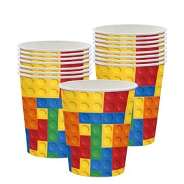 POPOYU 16Pcs Party Cups,Building Blocks Paper Cup,9oz/250ml Colorful Building Blocks Themed Cups for Kids,Table Decorations for Boys Girls Birthday Party Supplies for 16 Guests