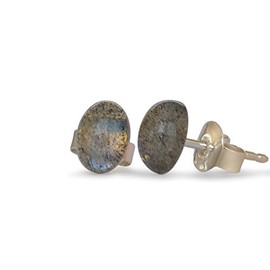 Labradorite Stud Earrings Natural Flat Oval 7 x 5 mm 925 Silver, Sterling Silver, Labradorite