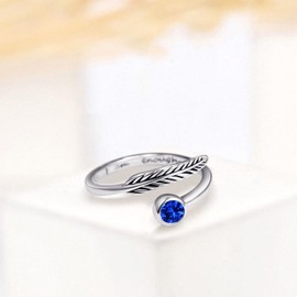 Birthstone Adjustable Open Feather Ring 925 Sterling Silver Birth Stone Ring Jewelry Gift Birthday Gift for Mom Women Wife Girls (D-sapphire ring)