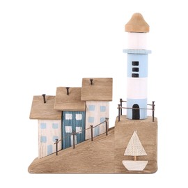 Shabby Chic Wooden Seaside/Harbour Lighthouse Ornament/Decoration on Plinth - Natural, Blue, White, Green - 23.5 cm