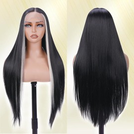 TAGUO Lace Front Wigs for Black Women Long Straight Wig (Black Blonde Skunk Stripe, 30 Inch)