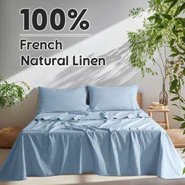 SONORO KATE 100% French Pure Linen Sheets, Breathable and Durable Linen Sheets, Anti-Tear Linen Bed Sheets, Machine Washable, 16 Inch Deep Pocket - 4 Piece (Dusty Blue, California King)
