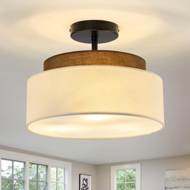 Qgiytp 13" Double Drum 3-Light Semi Flush Mount Ceiling Light Fixture Farmhouse Fabric Chandelier with Linen Shade Rustic Black Ceiling Lamp for Bedroom Kitchen Dining Room Hallway Entryway