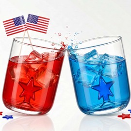 Potchen 2 Pack Patriotic Wine Glasses Icon Stemless, 9oz Red Blue Star