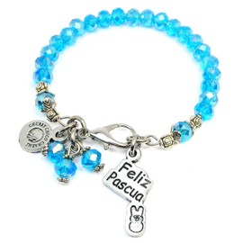 ChubbyChicoCharms Feliz Pascua Happy Easter with Little Marshmallow Bunny Splash of Color Crystal Bracelet. Gorgeous Aqua Blue Crystals with Iridescent Colors.