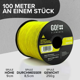 GO!elements 100 m Paracord 2 mm Rope Made of Tear-Resistant Nylon Cord – Paracord 100 Type I Survival Cord – Tear-Resistant up to 45 kg – Suitable as an All-Purpose Rope, Repair Cord, Bricklayer's