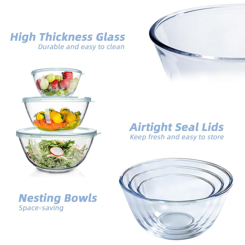WhiteRhino Glass Mixing Bowls Glass Bowls with Lids Set(4.5QT,2.7QT, 1.1QT),Large