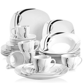 VEWEET, Series Fiona, 30-Piece Dinnerware Sets for 6, White Dishes Set with Black and Gray Stripes, Porcelain Dinner Set Including Dessert Plates, Soup Plates, Dinner Plates, Cups & Saucers