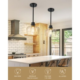 Emak Modern Black Pendant Lights, 8 Inch Kitchen Pendant Lighting Over Island with Clear Glass Shade, Farmhouse Hanging Lights for Kitchen, Bathroom, Bedroom, Dining Room, PL122-BK-CG