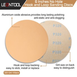 LEONTOOL 100 Pcs Hook and Loop Sanding Discs 6 Inches Round No Hole 320 Grit Sandpaper For Random Orbital Sander Glass Metal Automotive Polishing