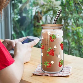 Strawberry Coffee Glasses Cup with Strawberry Keychain , Cute Strawberry Themed Glass Cup Gifts for Bestie Best Friend, Birthday Gifts for Strawberry Lovers Women, Strawberry Lovers Christmas Gifts