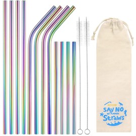 ecooe Metal Straws, Reusable Drinking Straws, Stainless Steel, Pack of 12, Colourful Thin Drinking Tube Set, Party Straws, BPA-Free with 2 Cleaning Brushes, Dishwasher Safe, for Cocktail, Smoothie and