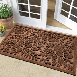 Bulijojo Front Door Mat Entrance,Durable Heavy Duty Welcome Mat,Thick Absorbent Natural Rubber Non Slip Mat,Sturdy Entryway Brown Flower, 17x30