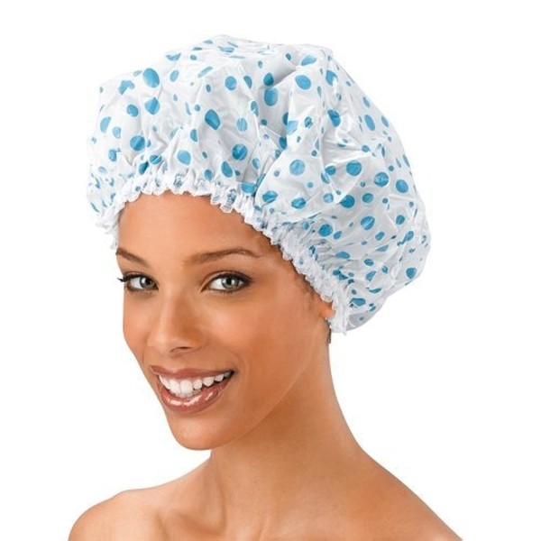Shower Cap - Blue Dot Pattern, Vinyl material, elastic band,