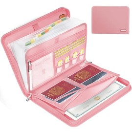 JUNDUN Fireproof Document Organiser - 13 Pockets Expanding File Folder with Zipper & Labels - Portable Waterproof File Organiser with Multi-Pockets Folder for A4 Documents | Receipt and More(Pink)