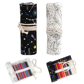 36 Holes Canvas Pencil Roll Roll, 2 Pieces Pencil Roll, Canvas Pencil Wrap, Constellation Pattern Pencil Wrap, Pens Pencil Case Roll for Artists, Painting, Sketchers, Students