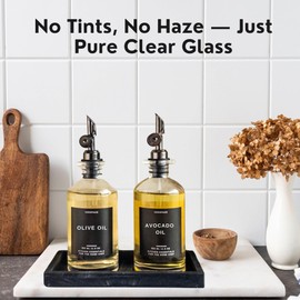 Verspace - Clear Glass Olive Oil Dispenser Bottles For Kitchen With Silicone Tray & 40 Labels, Soy Sauce Dispenser, Coffee Syrup Dispenser, Olive Oil Bottles Set Of 2, Black