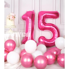 SUWEN 40 Inch Hot Pink Large 15 Number Balloons Big Foil Helium Number Balloons 0-9 Jumbo Happy 15th Mylar Birthday Party Decorations for Girl or Women 51 Anniversary Party Supplies