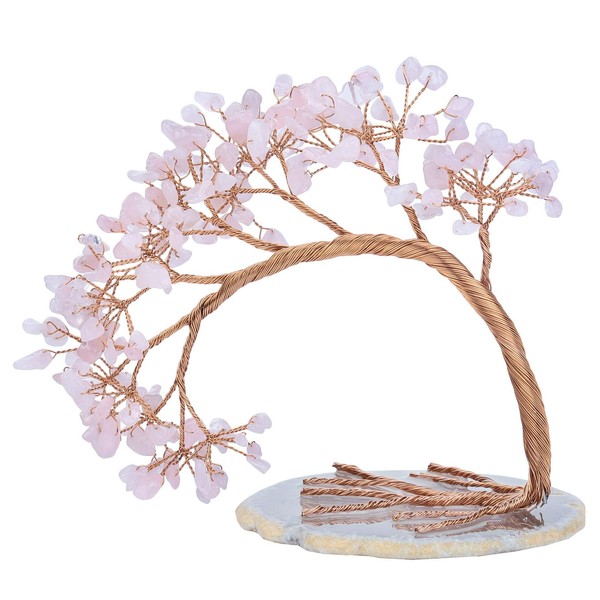 TUMBEELLUWA Reiki Crystal Money Tree with Agate Slice Base Feng Shui Stone Bonsai Tree Figure Decor for Happiness Good Luck and Wealth, Rose Quartz Stones