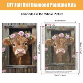 Bowetile 5D DIY Diamond Painting, Cute Cow, Animal Diamond Art Painting Sets for Adults, Complete Rhinestone Pictures, Flower Pictures with Rhinestones for Beginners, Wall Decoration for Home, 30 x 40