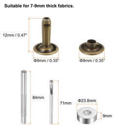 QUARKZMAN 100 Sets Leather Rivets 12x9mm Metal Double Cap Rivets Snap Fasteners with 3 Setting Tools Rivets for Leather Craft DIY Repair Decoration Bronze