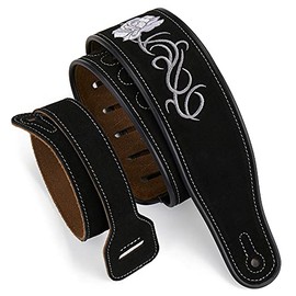Amumu Guitar Strap Suede Leather Flower Embroidered for Acoustic, Electric, and Bass Guitars -Black