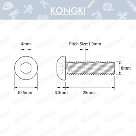 M6-1.0 x 25mm Button Head Socket Cap Screws, 10.9 Grade Alloy Steel, Allen Socket Drive, Black Oxide Finish, Machine Thread, 50 PCS