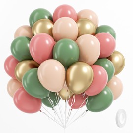 61pcs Pink and Green Balloons, 12 Inch Sage Green Dusty Pink Metallic Gold Nude Balloons with White Ribbon for Jungle Woodland Birthday Safari Baby Shower Party Decorations