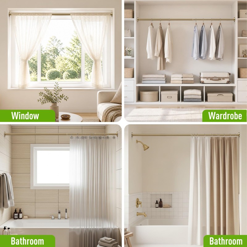 One-Piece Tension Curtain Rod 54-90 inch Brushed Gold Shower Curtain