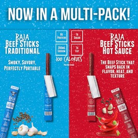 BAJA Jerky Beef Sticks Variety Pack - Meat Sticks, Snack Packs, Individually Wrapped, Healthy Jerky, Spicy Sticks, High Protein, All Natural Beef - Traditional & Hot Sauce, 1 Oz Sticks (8 Each)