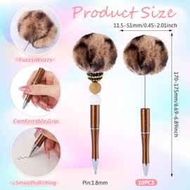 FASHEWELRY 10 Pcs Brown Fluffy Beadable Pens Leopard Print Pom Pom Ball Ballpoint Pens 6.7 Inch Retractable Plush Beaded Pen for Office Writing Back to School Decorative Gift Supplies