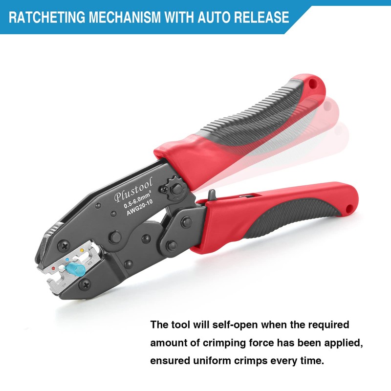 Plustool Crimping Tool for Heat Shrink Connectors AWG22-10, Ratcheting Wire