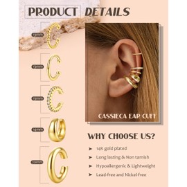 CASSIECA 5Pcs Chunky/Thin Ear Cuffs Non Piercing for Women - Dainty 14K Gold Plated Cuff Earring Trendy Cubic Zirconia Ear Cuff for Women Cartilage Jewelry Gift
