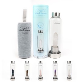 Myga Clear Quartz Crystal Water Bottle - 500ml Glass Drinks Bottle with Natural Healing Crystal & Neoprene Sleeve for Wellness & Self-Care - Gemstone: Clear Quartz