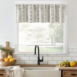 JINCHAN Boho Valance Blackout Curtain for Kitchen Living Room Modern Farmhouse Valance Room Darkening Bedroom Window Treatment Privacy Thermal Insulated Drape Rod Pocket 1 Panel 16 Inch Black on Beige