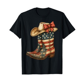 Retro Western Cowboy Boots Cowgirl American Flag 4th Of July T-Shirt
