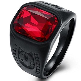 Black Stainless Steel Red Crystal Signet Biker Ring (Z+5)