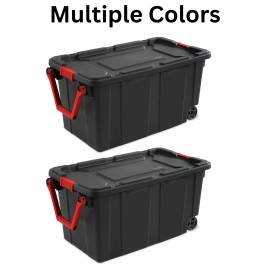 Sterilute Rolling Wheeled Storage Tote 40 gal Heavy Stack 2 Tie Down Industrial Containers - 2, Clear Base/Purple Latches