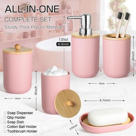 ALPIRIRAL Pink Bathroom Accessories Set 5 Pcs, Plastic Pink Bathroom Decor, Soap Dispenser and Toothbrush Holder Set, Soap Dish, Cotton Swab Jar, Pink Bathroom Set, Boho Bathroom Organizer Accessory