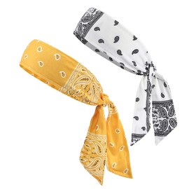 NiceYnn 2 x Sport-Stirnbänder mit Paisley-Muster, verstellbar, elastisch, Schweißband, rutschfest, Lauf-Kopfband, Fitness-Haarband für Ninja, Tennis, Fußball, Basketball, Fußball, Weiß, Gelb