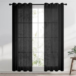 wiipara Set of 2 Voile Curtains with Eyelets, Transparent Curtains Living Room Eyelet Curtain Decorative Curtain, Airy Curtain Bedroom Curtain Shawls, Curtain Black 132 x 160 cm (W x H), Eyelet