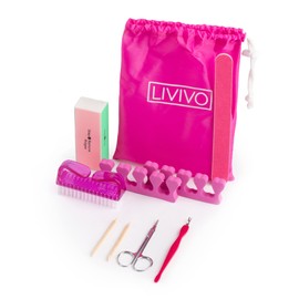 LIVIVO 9 Piece Manicure and Pedicure Set for Natural and Acrylic Nails with Emery Board and Buffer Block, Orange Sticks and Metal Cuticle Tool, Scissors and a Nail Brush with Carry and Storage Case