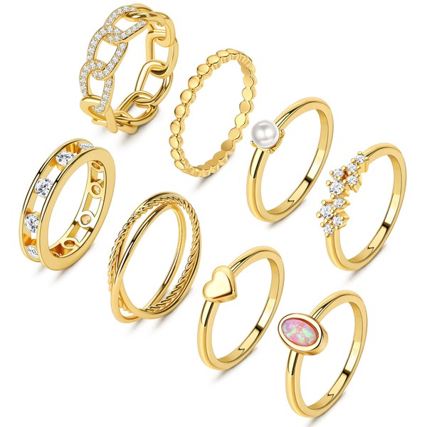 MJust 8Pcs 14K Gold Rings for Women-Triple Band Rings Danity