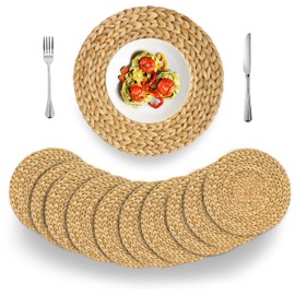 (4 Sizes: 12"-13"-14"-15") BARIEN Woven Placemats Round Set of 10, Natural Water Hyacinth Weave Placemat for Dining Table, Large Handmade Woven Placemats Heat Resistant Non-Slip (15" - Set of 10)