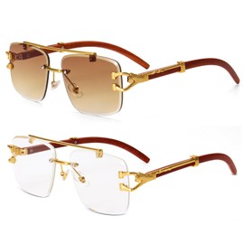 Dollger Rimless Rectangle Sunglasses for Women Men Stylish Hip hop Frameless Double Bridge 90s 2000s Designer Shades Leopard Wooden Arms Tinted Lens Y2K Square Aviator Glasses