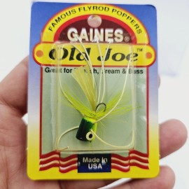 Gaines Vtg New Gaines Old Joe With Legs Handmade USA Cork Flyrod Popper Bug Sz 10 Hook - 1232RL-10 - Chartreuse/Blue Back