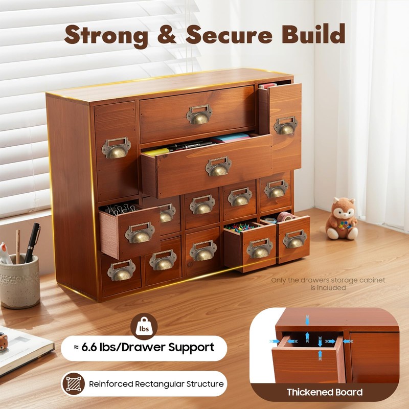 14-Drawer Apothecary Cabinet, Card Catalog Cabinet for Desktop Organizer