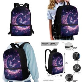 YECARYPOD Butterfly Moon Backpack for Elementary School Girls Purple Middle School Book Bag for Teen Girls Lightweight Schoolbag Set with Pencil Bag Picnic Lunch Box Water Holder Case