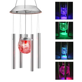 IMAGE Solar Wind Chime Outdoor Hanging Lights Crackle Glass Ball Wind Chimes Color Changing Lights with Metal Tube Hanging Garden Lights for Patio Yard Home Decor Gifts for Mom Women